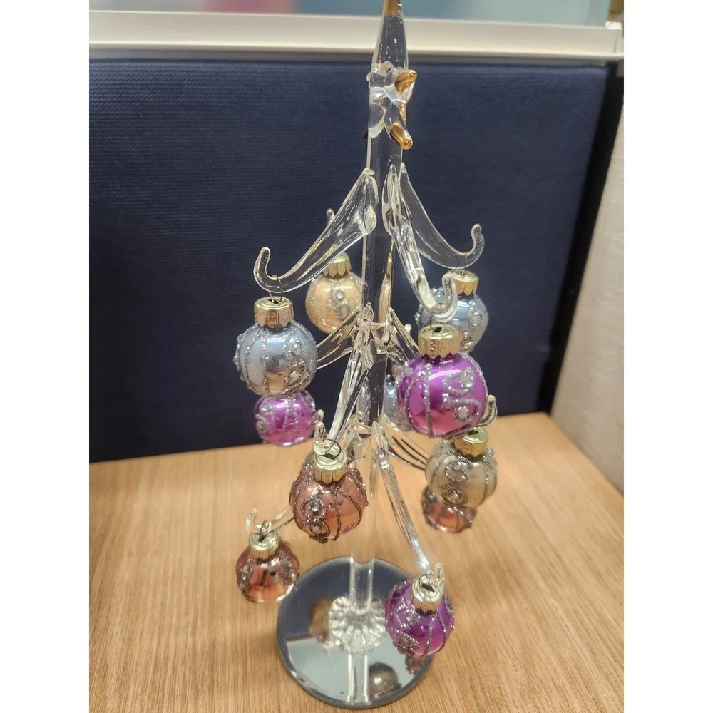 LS Arts Glass/Crystal Christmas Tree‎ W/12 Glass Ornaments Mirrored NEW W/Box